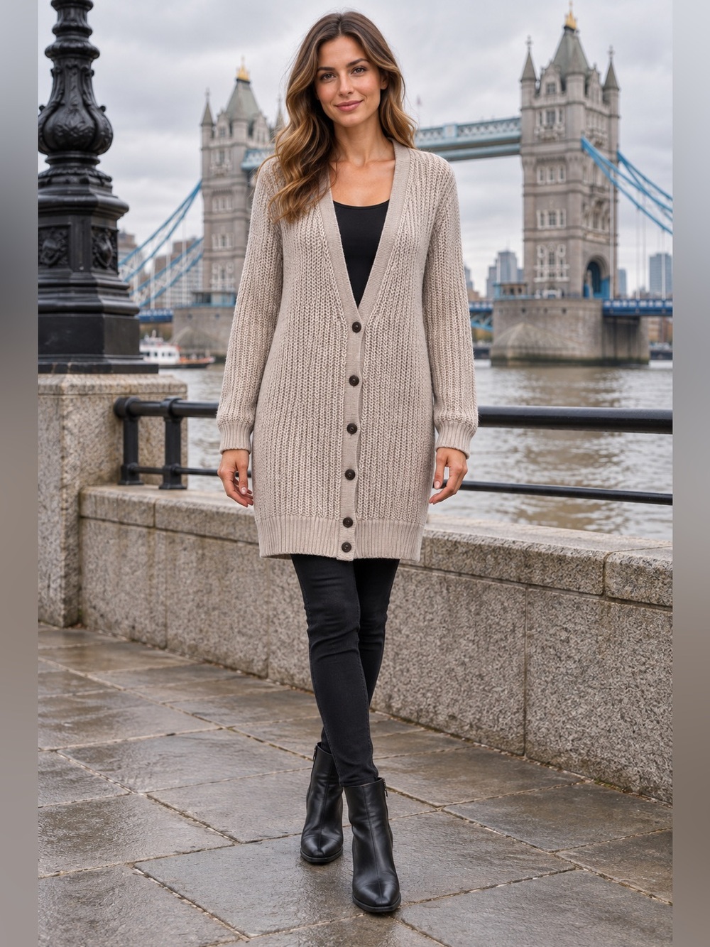 White + Warren Size L Beige 100% Cotton Chunky Knit Long Cardigan